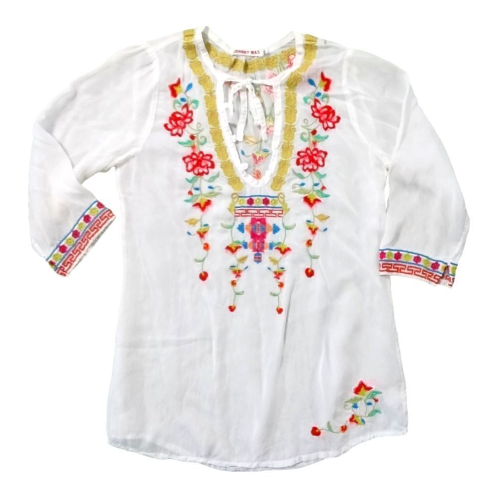 Johnny Was White Embroidered Tunic Size XS Floral Red Green Blue Lightweight